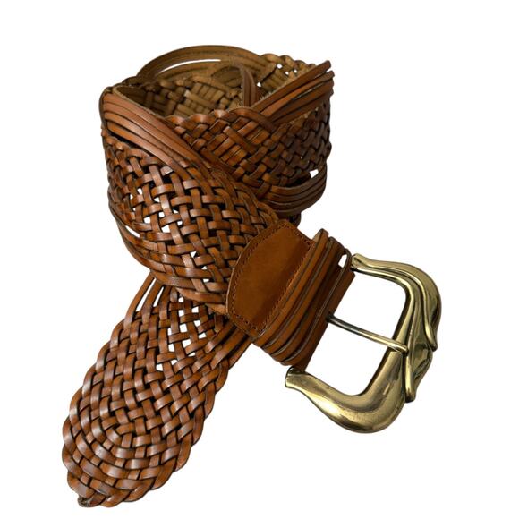 Neiman Marcus Woven Leather Belt Womens Large Brown Goldtone Buckle Wide Boho - Picture 1 of 6